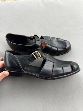 VTG Barneys NY Black Leather T-Strap Fisherman Shoes Mens 8M